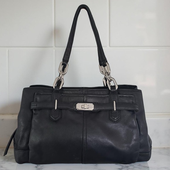 Vintage Coach 90’s Buttery Soft  Black Leather Handbag Silver Tone Chain Links - Picture 1 of 14